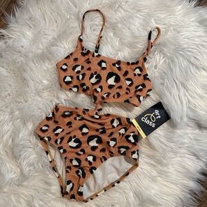 Art Class Girls Leopard Bikini 6/6X Brown Ribbed One Piece Swimsuit UPF 50+ NWT
